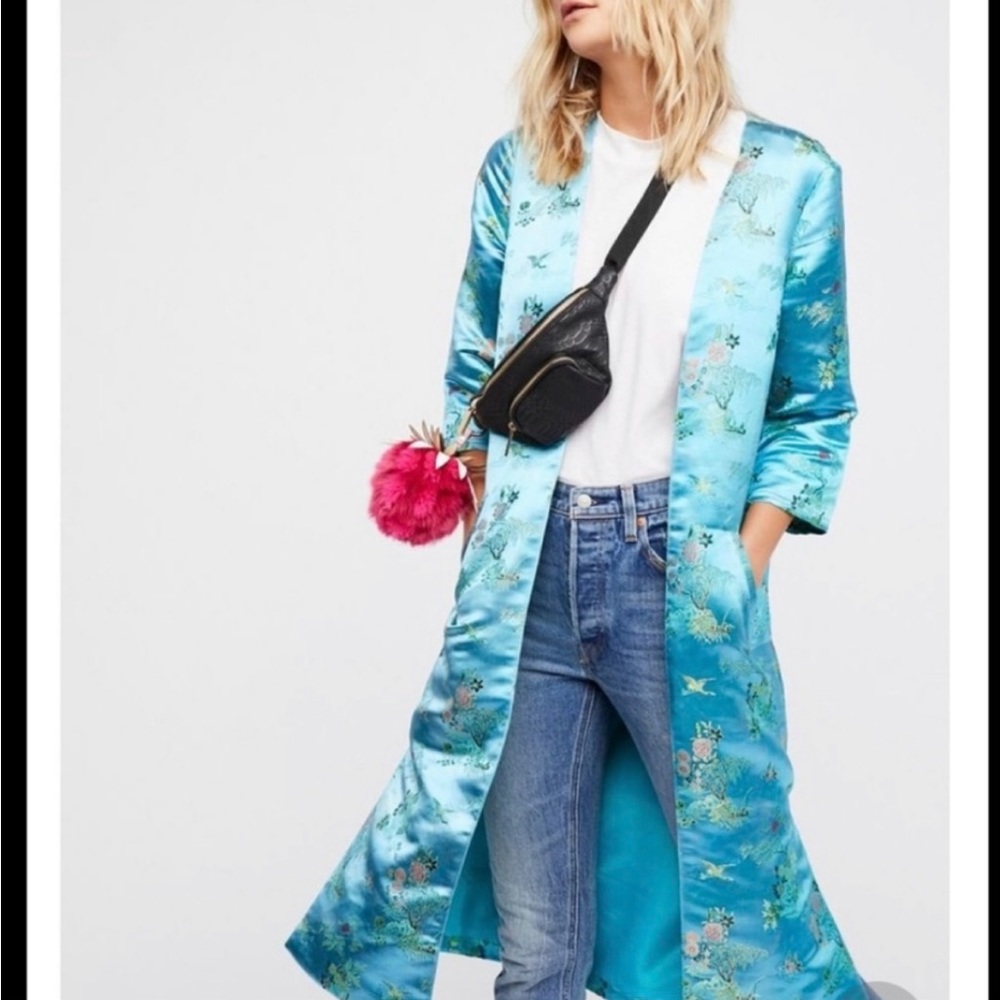 Free People Retro Silk Asian Zen Garden Longline Jacket Kimono Duster